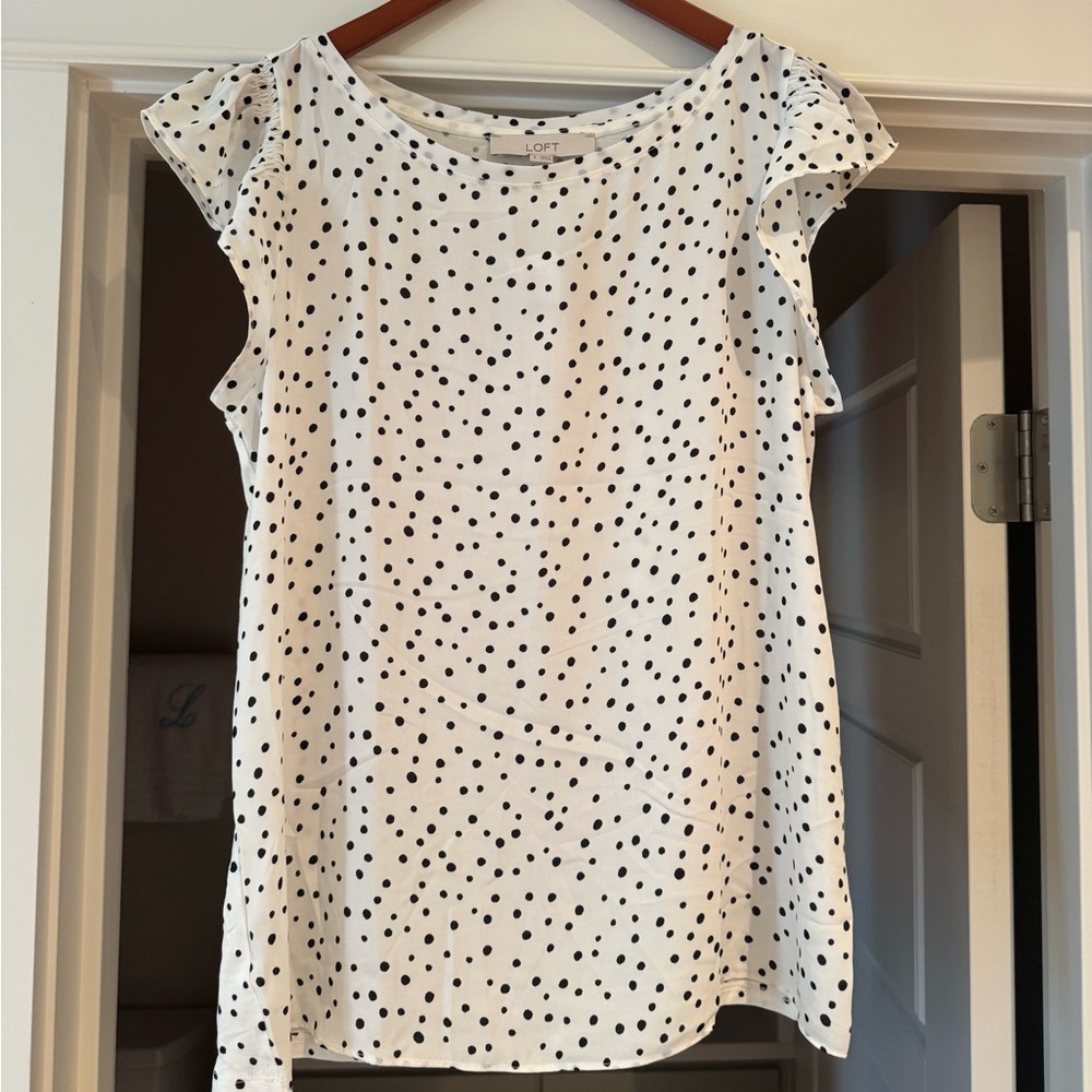 Loft White Polka Dot Short Sleeve Blouse